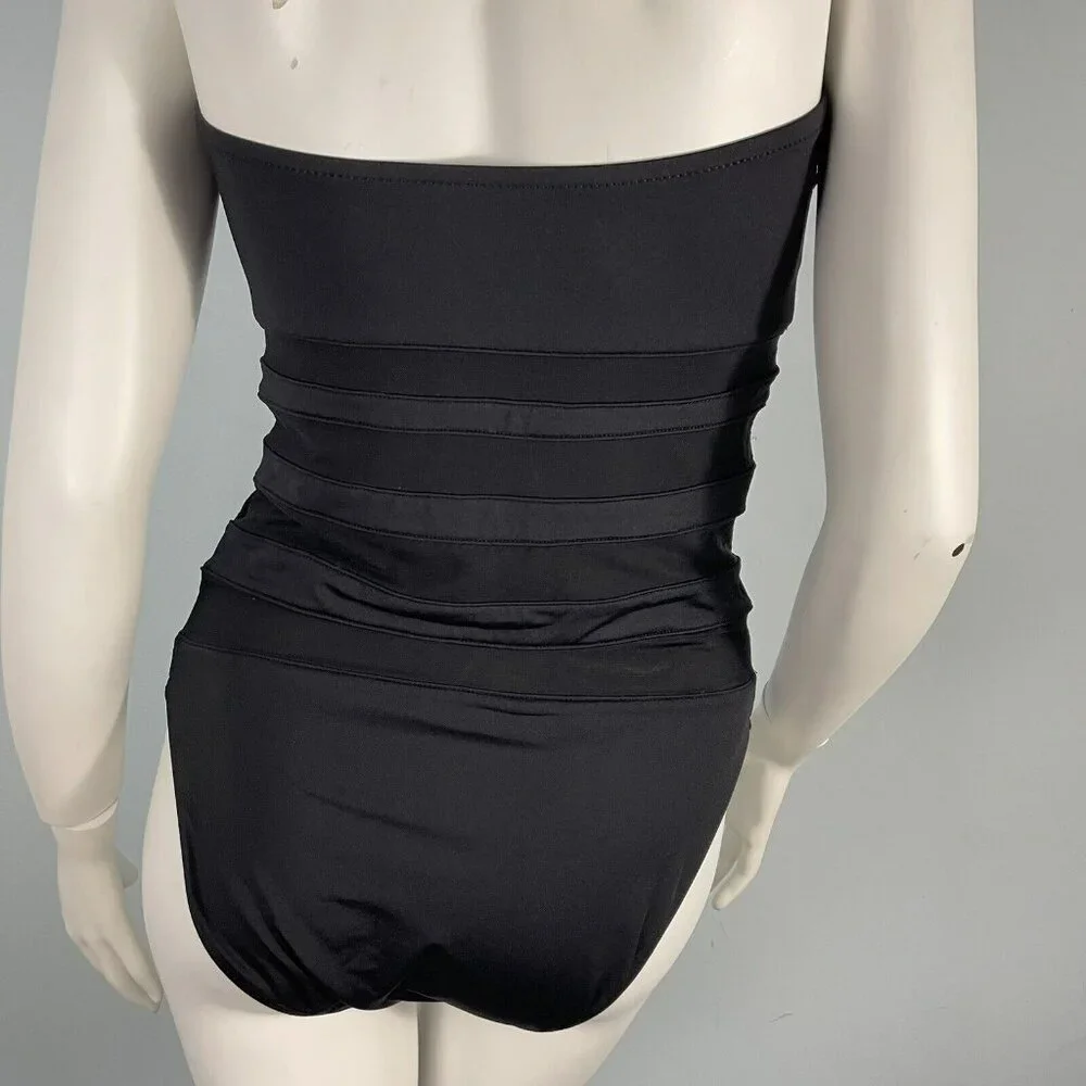 La Blanca‎ Halter Sheer Striped Slimming One Piece Swimwear Black Size 10